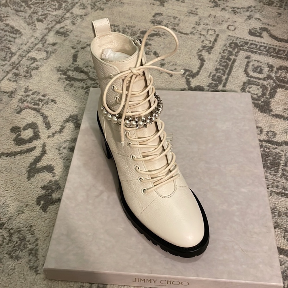 Jimmy Choo Cruz 65 White Latte Boots with Pearls and Rhinestones